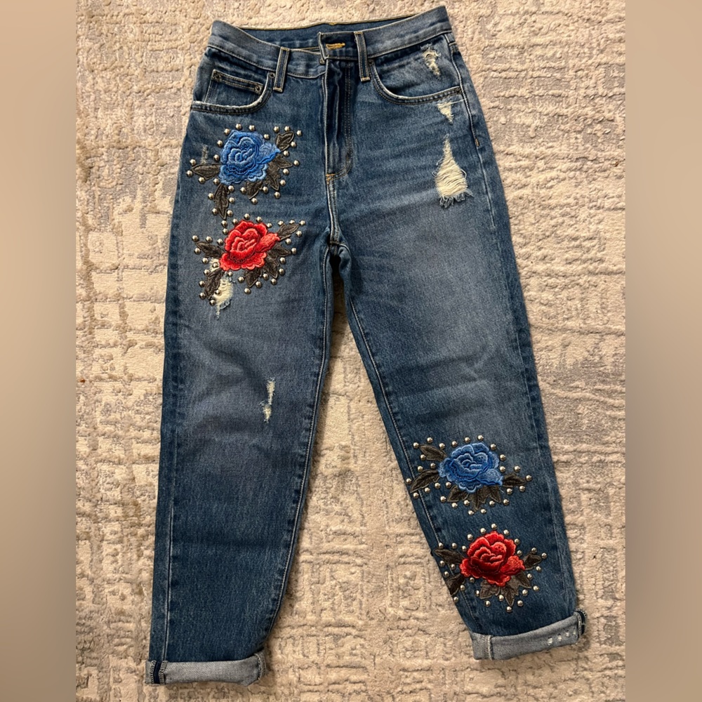 Size 25 Carmar boyfriend jeans with studs and floral embellishments